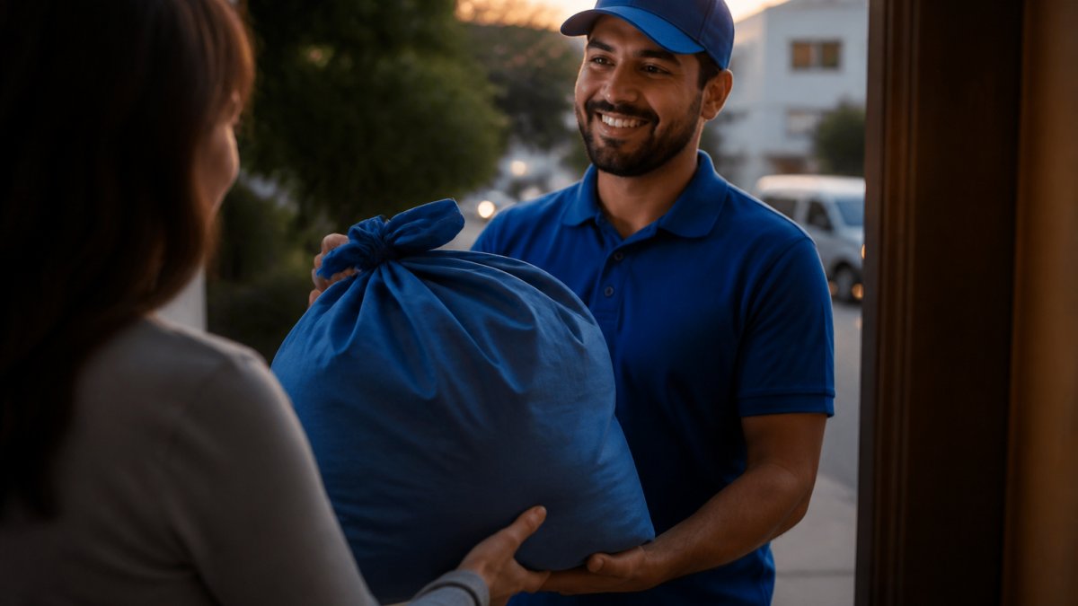 A person handing a full laundry bag to a friendly delivery driver at an apartment doorstep, smartphone showing an order tracking screen in the foreground, warm evening light