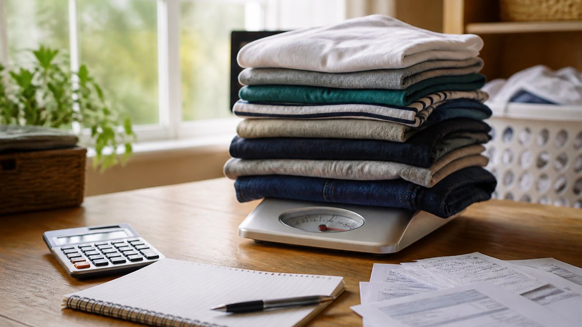 Infographic visualizing the wash and fold cost for a ten-pound load of laundry measured on a digital scale