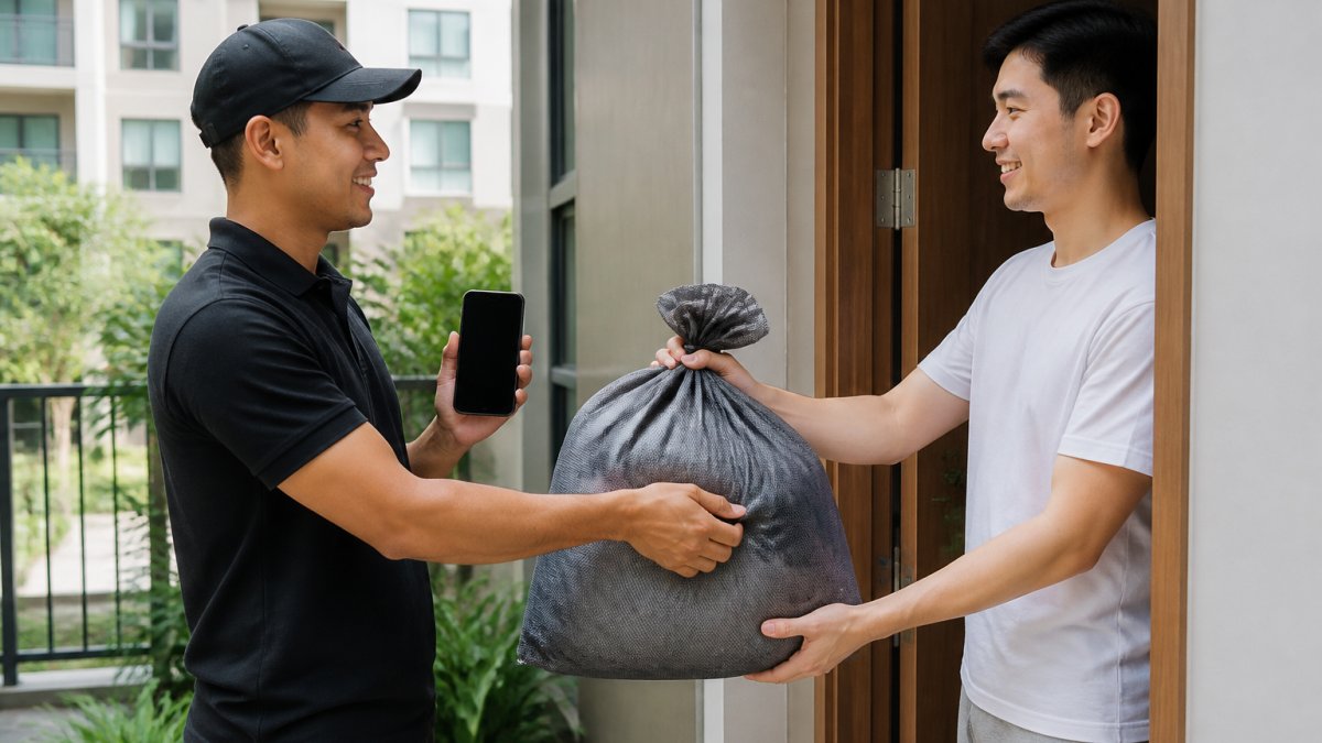 A person in work attire handing a neatly tied laundry bag to a courier at an apartment doorstep in the morning, with a smartphone showing a pickup confirmation in the other hand