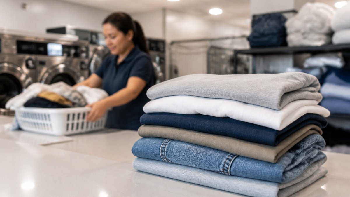 A neatly stacked pile of freshly folded laundry on a bright counter in a laundromat, with a person in the background placing a basket of clothes down under warm overhead lighting